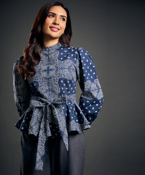 Blue And White Printed Peplum Top